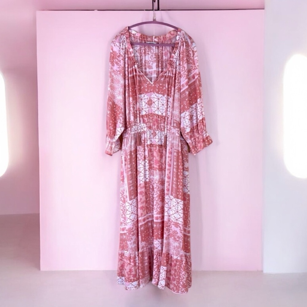 NWT FRYE AND CO. Pink and White Rayon Short Sleeve Ruffled Maxi Sundress (XXL) - Picture 2 of 15